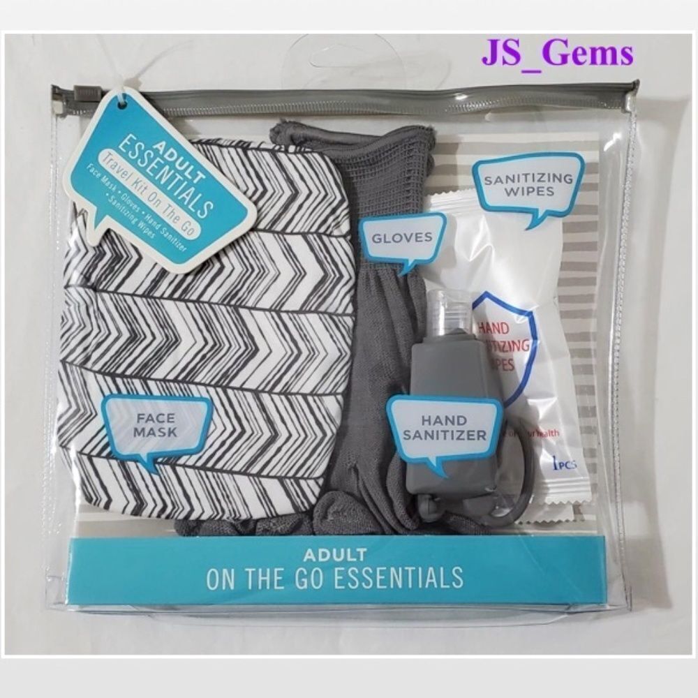 New Adult Mask PPE Essentials Travel Kit Gloves Santitizer Wipes 8 Pieces NWT